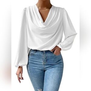 Women's Full-Size Elegant White Drape Neck Blouse